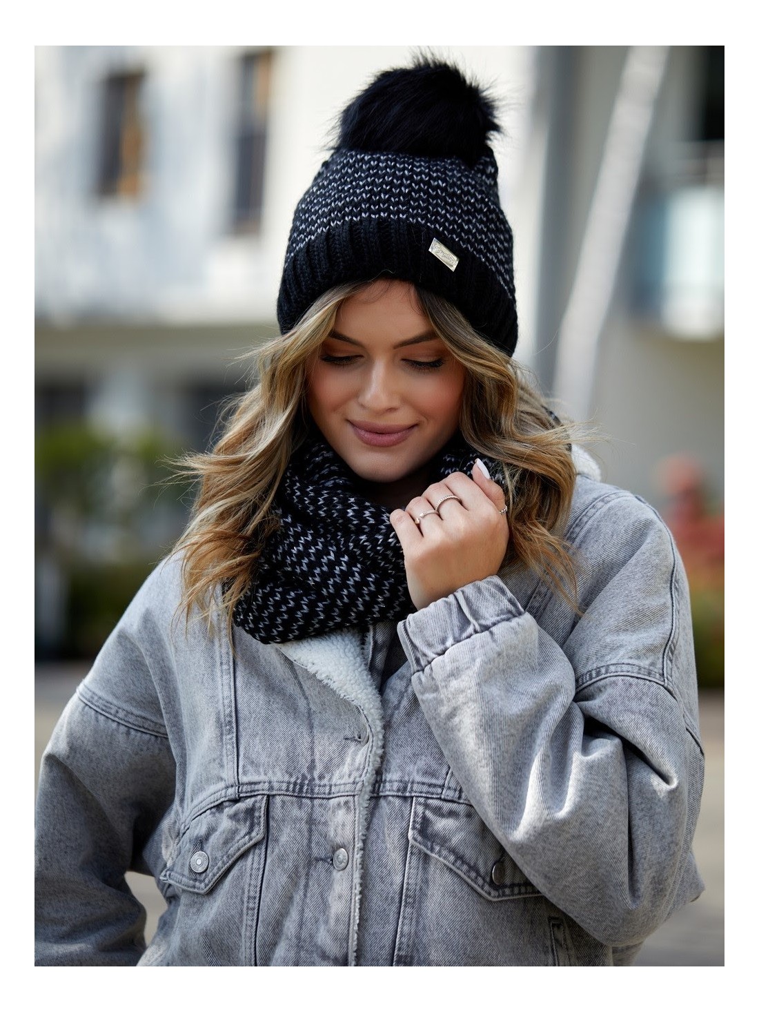 Winter hat set with herringbone neck warmer, black C45 - Online store - Boutique